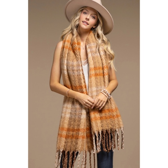 Toffee Plaid Soft Plush Oblong Scarf w/ Tassel Fringe Women's Casual - Picture 2 of 7